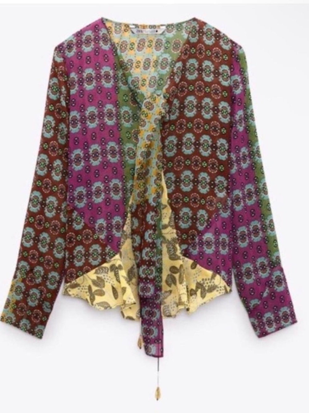 Zara Studio Zodiac Patchwork Chiffon Boho Multi-Color Printed Tie-Neck Blouse - Picture 7 of 7